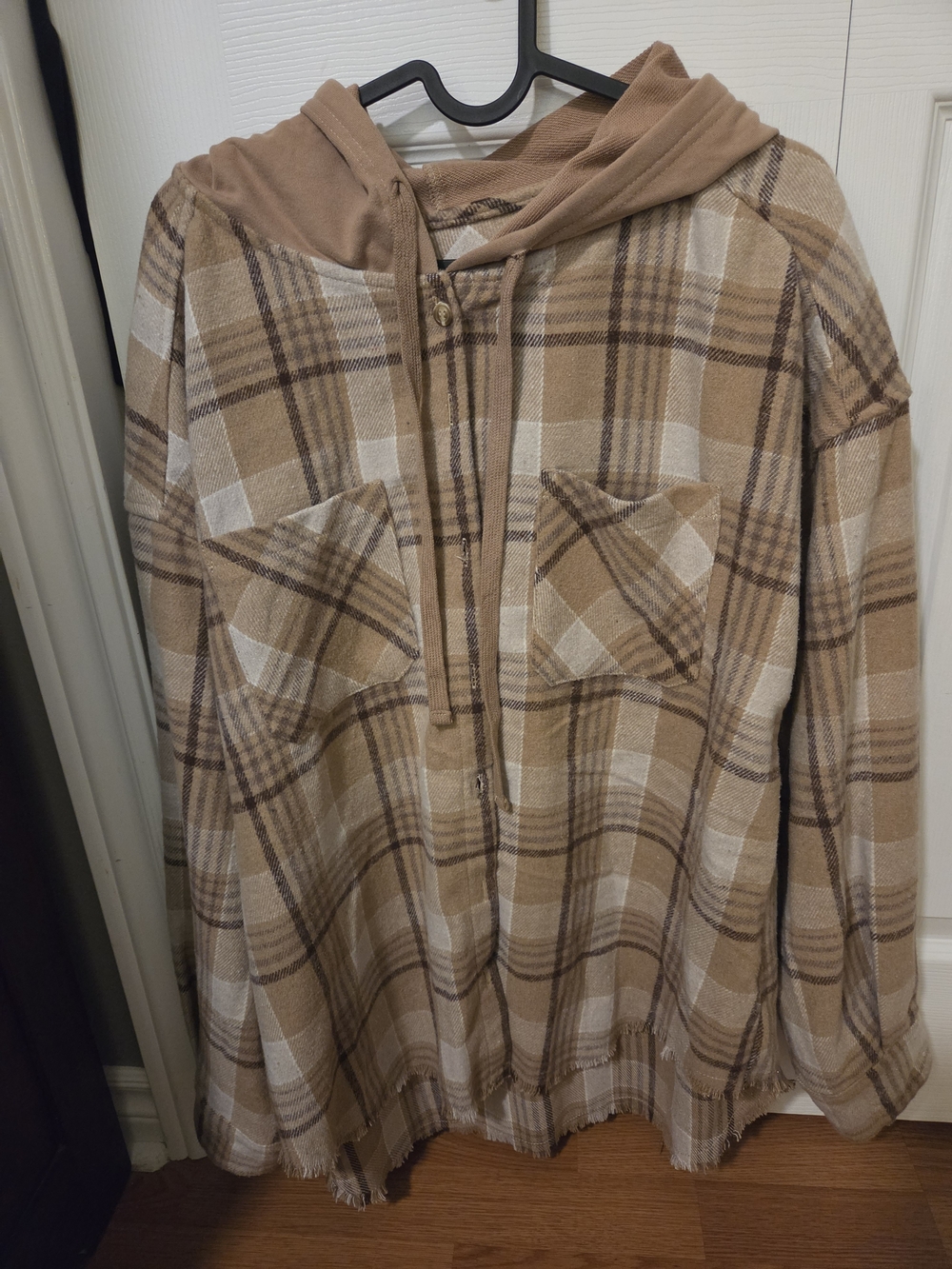 Plaid Hooded Button Up Jacket/sweater- Tan & Cream